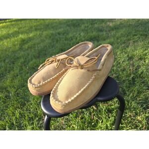 Minnetonka 3901 Tan Suede Leather Moccasin Slippers Faux Fur Lined Men's 12 US